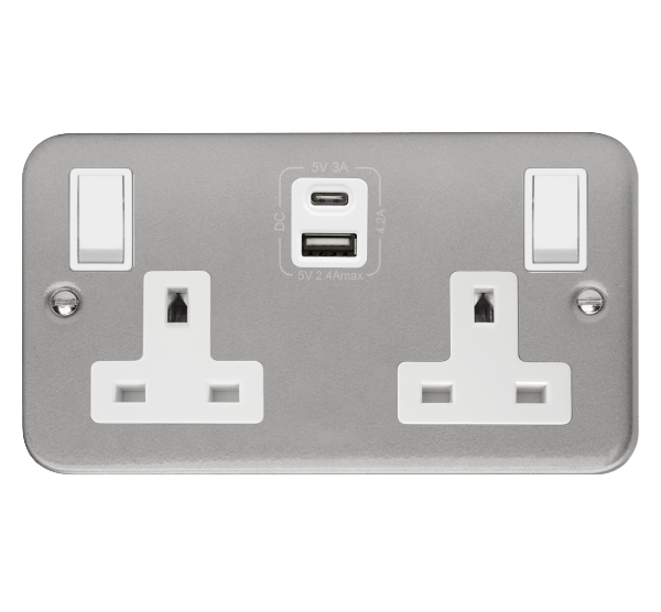 Click Essentials 2 Gang 13A Switched Metal Clad Socket with 4A Type A & Type C USB Outlets CL786