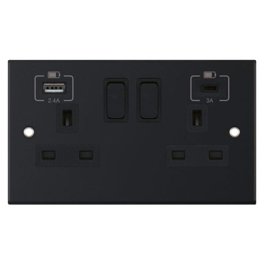 Selectric 5M 2 Gang 13A SP Switched Socket with USB A & USB C Port Matt Black DSL11-63