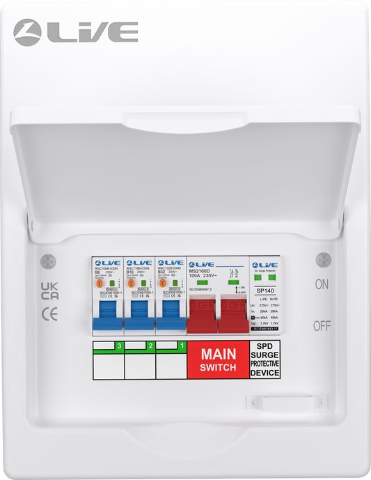 Live Electrical 6 Way SRN Metal Consumer Unit Populated with 100A Mains Switch + SPD + 3 x RCBO LSMC06SRN/100