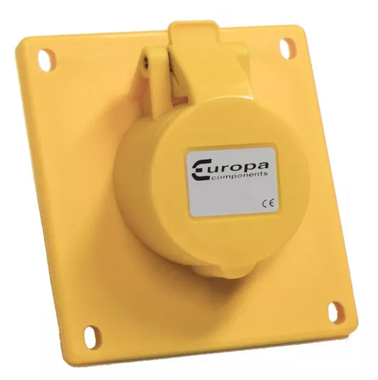 Europa IP44 110V 16A 2P+E Yellow Angled Panel Mount Socket IPSA163F