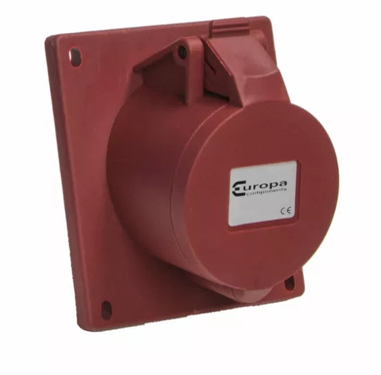 Europa IP44 415V 16A 3P+E Red Angled Panel Mount Socket IPSA164N