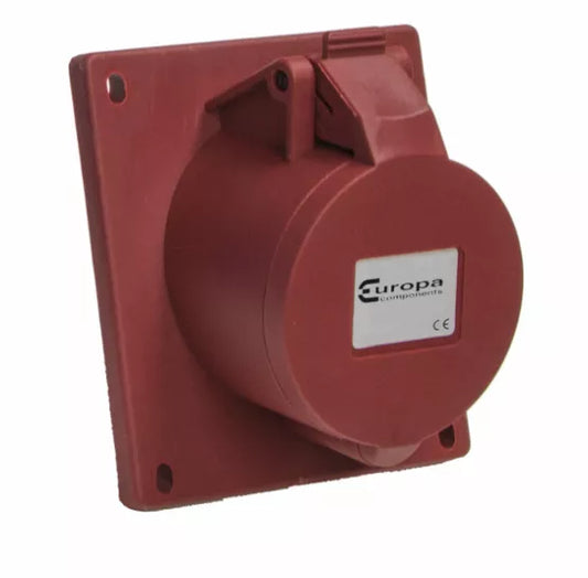 Europa IP44 415V 16A 3P+E Red Angled Panel Mount Socket IPSA164N