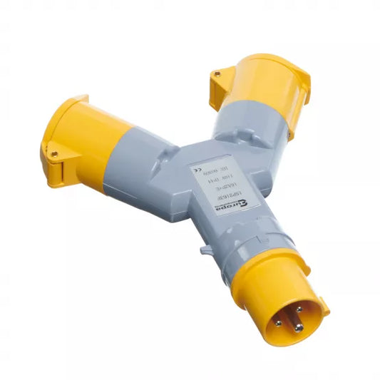 Europa IP44 110V 16A 2P+E Yellow 2 Way Outlet Splitter ISP2163F