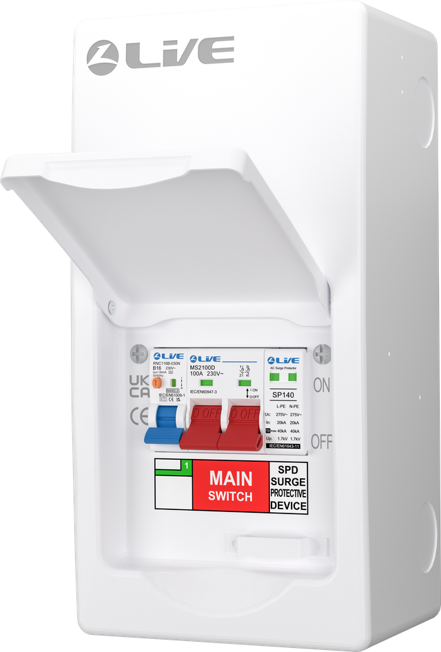 Live Electrical 4 Way SRN Metal Consumer Unit Populated with 100A Mains Switch + SPD + 20A RCBO LSMC04SRN/100