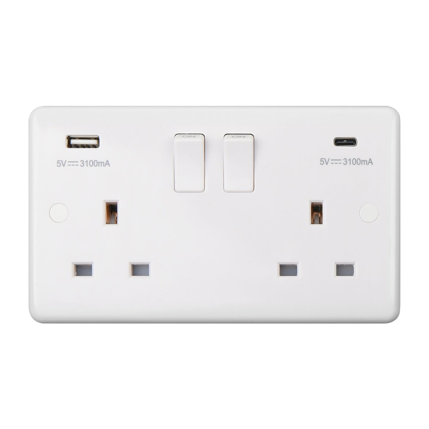 Chint Studio Range 13A 2 Gang Switched Socket Outlets With USB Type A+Type C 3.1 Amp ST2320C