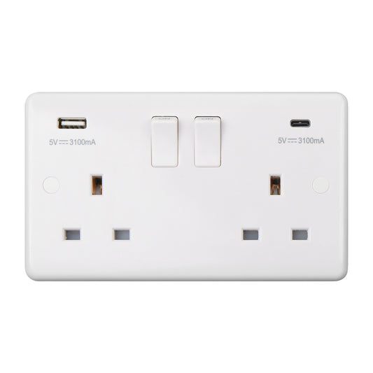 Chint Studio Range 13A 2 Gang Switched Socket Outlets With USB Type A+Type C 3.1 Amp ST2320C
