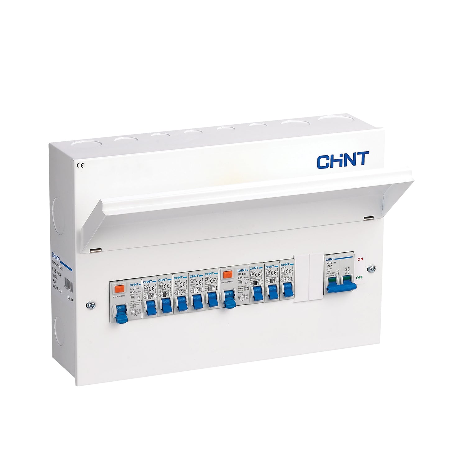 Chint 16 Way (10 Free) Dual 63A RCD Metal Consumer Unit with 100A Mains Switch & 8 MCBs NX3-16RA