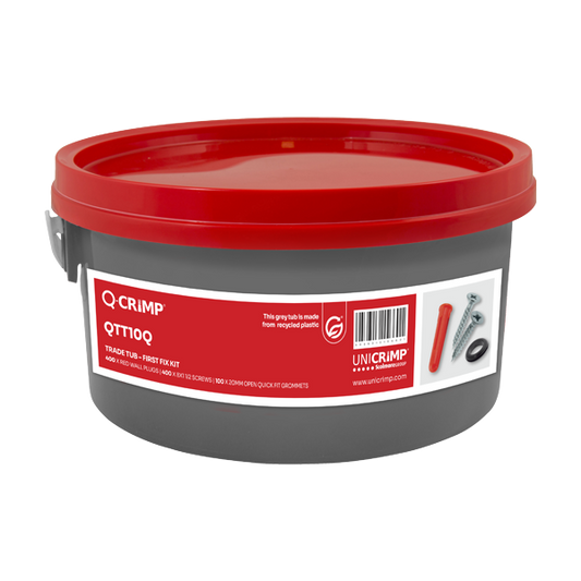 Unicrimp Q-Crimp Trade Tub 100 x 20mm Open Grommets + 400 x Red Plastic Wall Plugs + 400 x 8 x 1.5" Countersunk Screws QTT10Q