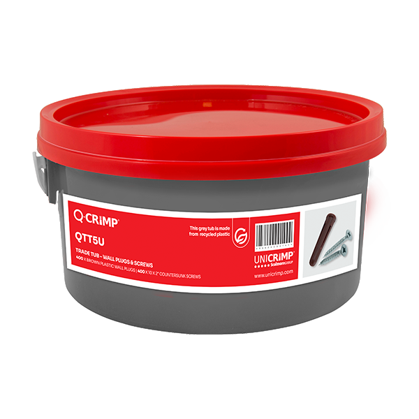Unicrimp Q-Crimp Trade Tub 400 x Brown Plastic Wall Plugs + 400 x 10 x 2" Countersunk Screws QTT5U