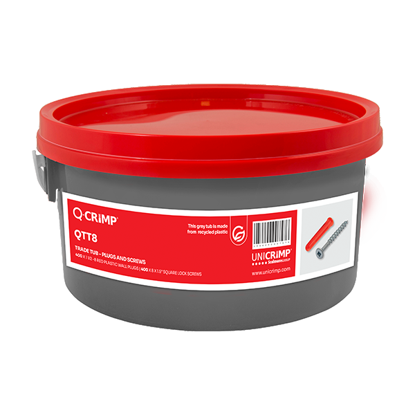 Unicrimp Q-Crimp Trade Tub 400 x Red Plastic Wall Plugs + 400 x 8 x 1.5" Squarelock Woodscrews QTT8