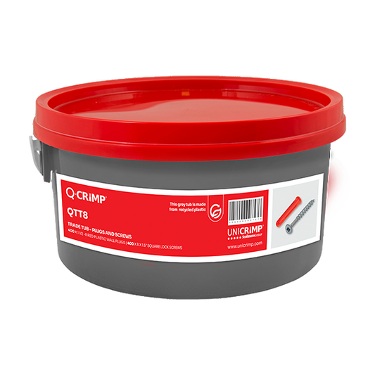 Unicrimp Q-Crimp Trade Tub 400 x Red Plastic Wall Plugs + 400 x 8 x 1.5" Squarelock Woodscrews QTT8