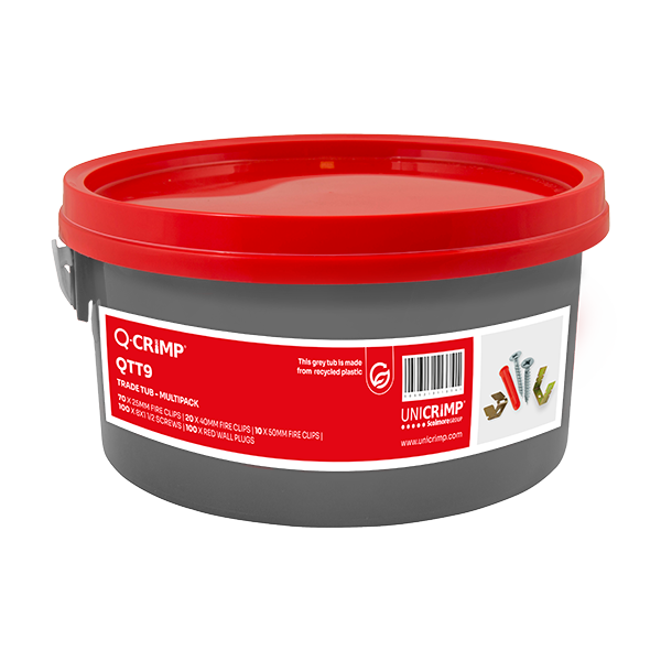 Unicrimp Q-Crimp Trade Tub 3 x Sizes of Fire Clips + 100 x Red Plastic Wall Plugs + 100 x 8 x 1.5" Countersunk Screws QTT9
