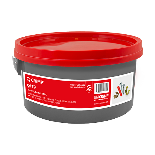 Unicrimp Q-Crimp Trade Tub 3 x Sizes of Fire Clips + 100 x Red Plastic Wall Plugs + 100 x 8 x 1.5" Countersunk Screws QTT9