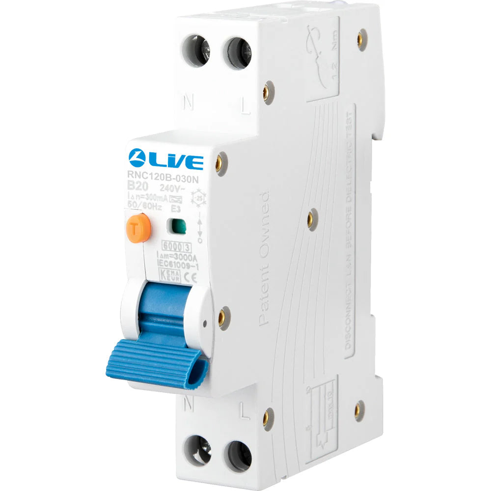 Live Electrical 16A 30mA Type A 1P+N 6kA B Curve Bidirectional No Fly Lead RCBO RNC116B-030N