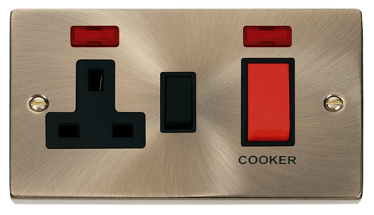 Click Deco 45A DP Switch with 13A DP Switched Socket Outlet Red Rocker with Neon Black Inserts VPxx205BK