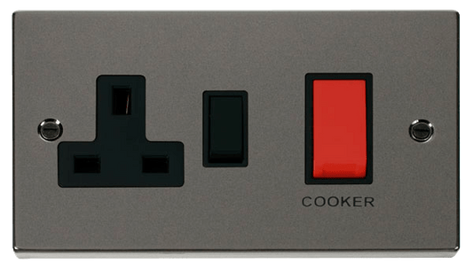 Click Deco 45A DP Switch with 13A DP Switched Socket Outlet Red Rocker Black Inserts VPxx204BK