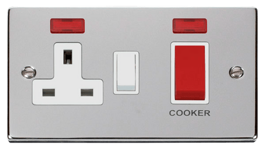 Click Deco 45A DP Switch with 13A DP Switched Socket Outlet Red Rocker with Neon White Inserts VPxx205WH