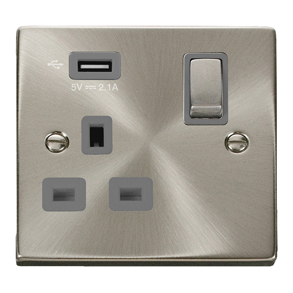 Click Deco 1 Gang 13A Switched Socket with 2.1A Type A USB Outlets Grey Inserts VPxx571UGY