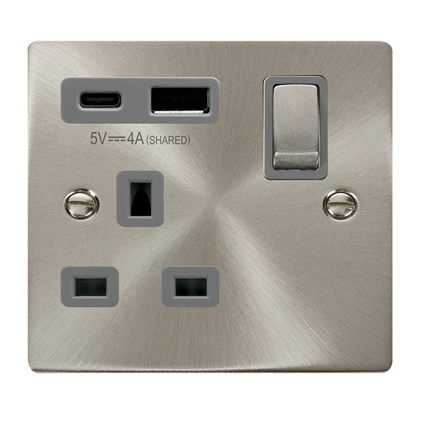 Click Deco 1 Gang 13A Switch Socket with 4A Type A & C USB Outlets Grey Inserts VPxx585GY