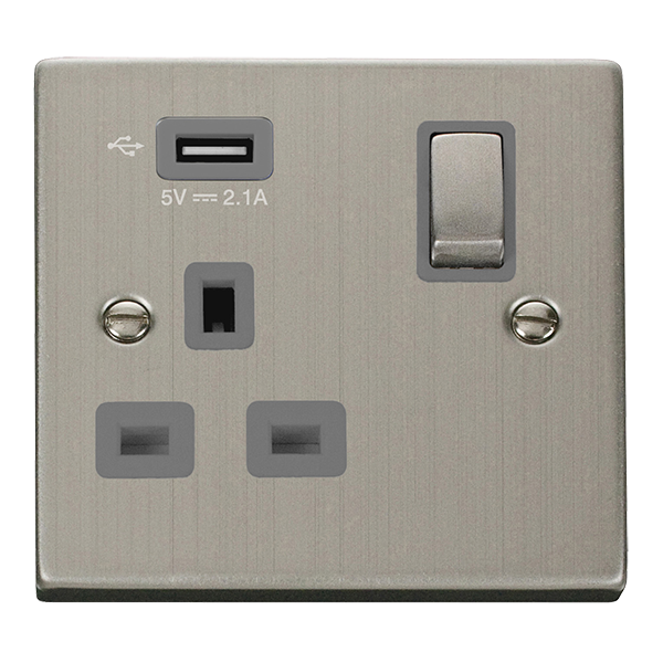 Click Deco 1 Gang 13A Switched Socket with 2.1A Type A USB Outlets Grey Inserts VPxx571UGY