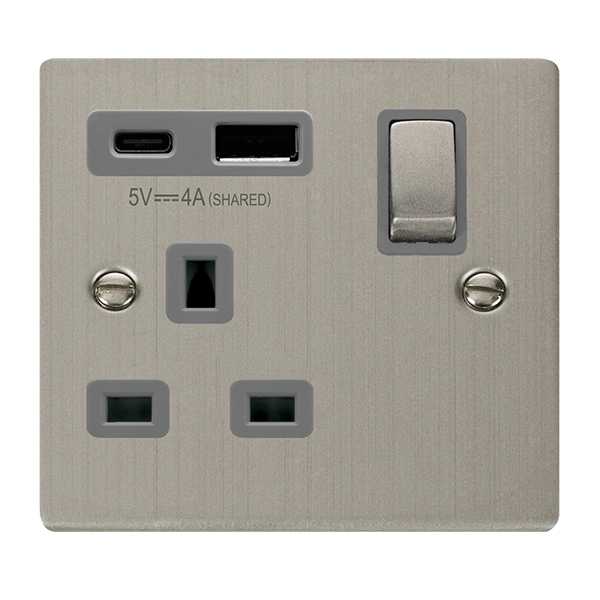 Click Deco 1 Gang 13A Switch Socket with 4A Type A & C USB Outlets Grey Inserts VPxx585GY