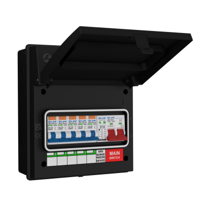 Live Electrical IP65 Black 8 Way Metal 100A DP Main Switch & 20/40kA DP Surge Protection Device SPD + 5 SP RCBOs EV Charging Unit AGU8-SR/B