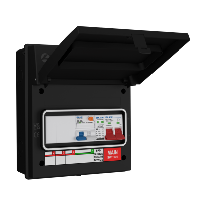 Live Electrical IP65 Black 8 Way Metal 100A DP Main Switch & 20/40kA DP Surge Protection Device SPD & 40A DP B Curve RCBO EV Charging Unit AGU8-SRTB/B