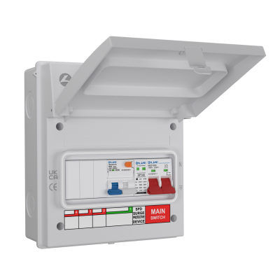 Live Electrical IP65 White 8 Way Metal 100A DP Main Switch & 20/40kA DP Surge Protection Device SPD & 40A DP B Curve RCBO EV Charging Unit AGU8-SRTB/W