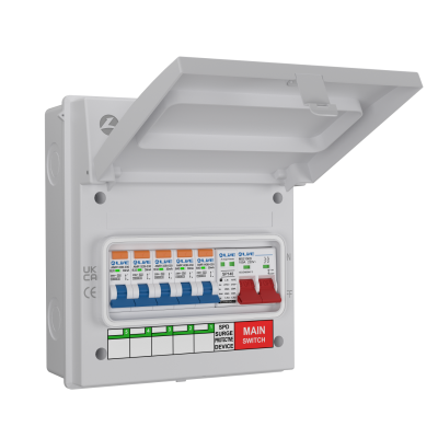 Live Electrical IP65 White 8 Way Metal 100A DP Main Switch & 20/40kA DP Surge Protection Device SPD + 5 SP RCBOs EV Charging Unit AGU8-SR/W