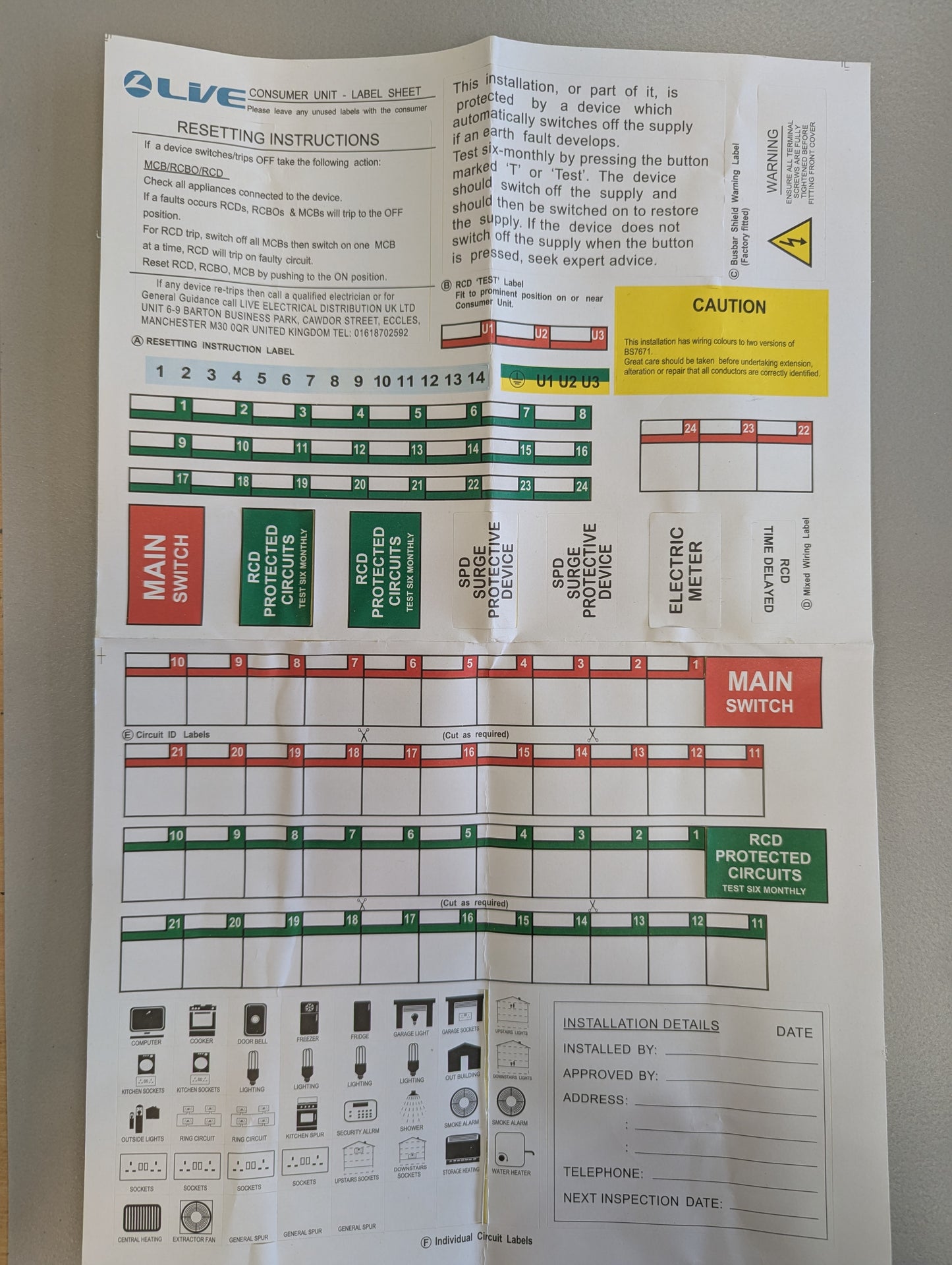 Live Spare Sticker Label Sheet for LSMC Consumer Units CULABEL