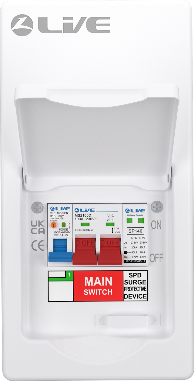 Live Electrical 4 Way SRN Metal Consumer Unit Populated with 100A Mains Switch + SPD + 20A RCBO LSMC04SRN/100