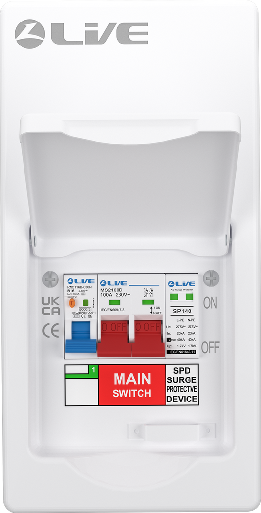 Live Electrical 4 Way SRN Metal Consumer Unit Populated with 100A Mains Switch + SPD + 20A RCBO LSMC04SRN/100
