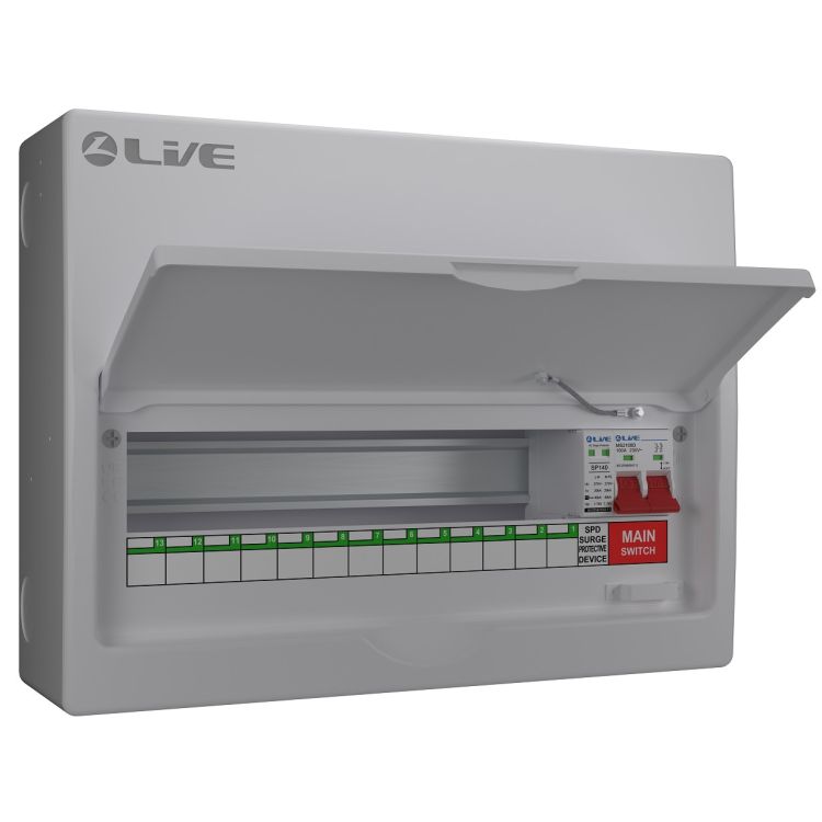 Live Electrical 6 Way (3 Free) Metal Consumer Unit with 100A Mains Switch & DP SPD LSMC6M-SP