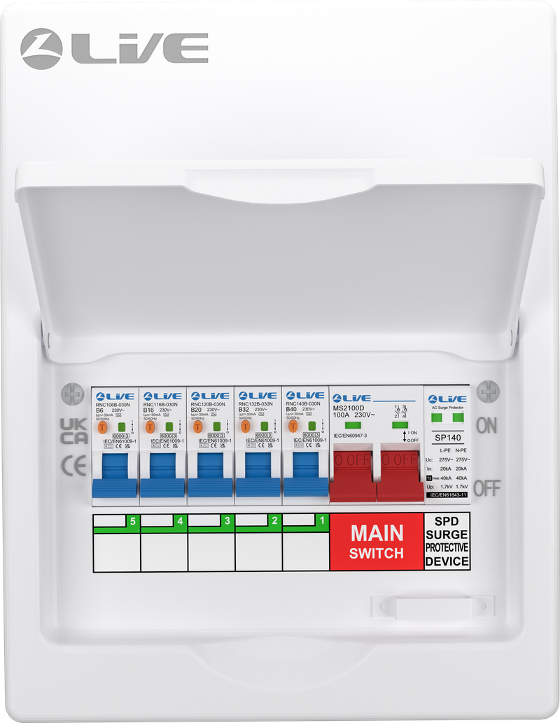 Live Electrical 8 Way SRN Metal Consumer Unit Populated with 100A Mains Switch + SPD + 5 x RCBO LSMC08SRN/100