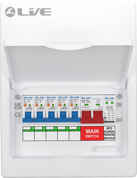 Live Electrical 8 Way SRN Metal Consumer Unit Populated with 100A Mains Switch + SPD + 5 x RCBO LSMC08SRN/100
